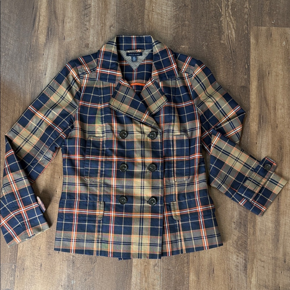 Tommy Hilfiger Navy and Tan Plaid Pea Coat Small preppy